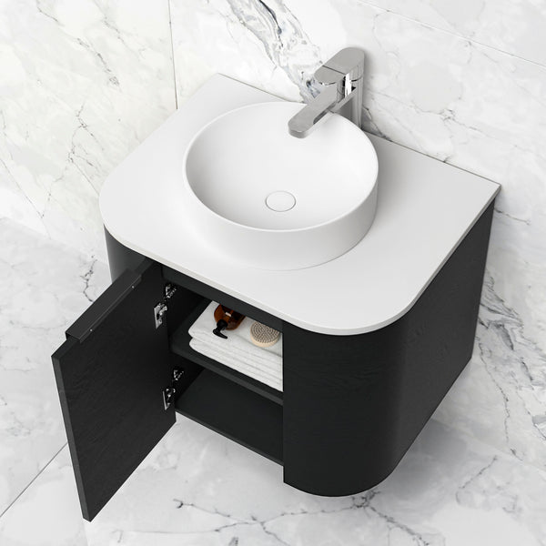 Bondi 600mm Black Oak Wall Hung Curve Vanity with Top
