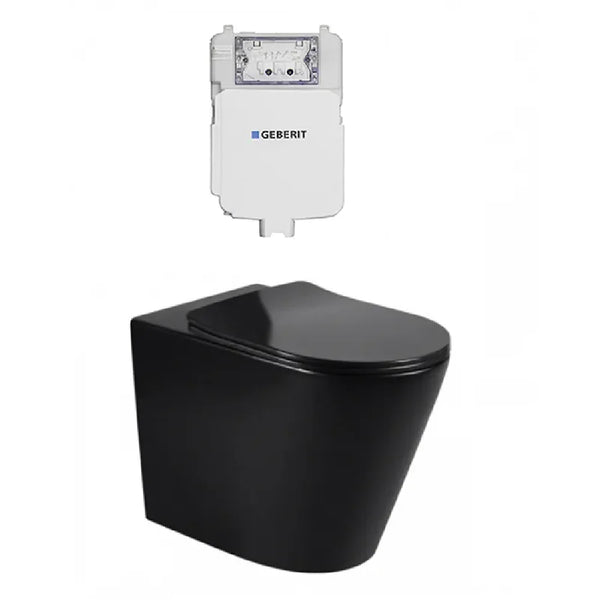 Alzano WF Rimless Pan Slim Seat - Matte Black / Geberit Inwall Cistern (Button Order Separately)