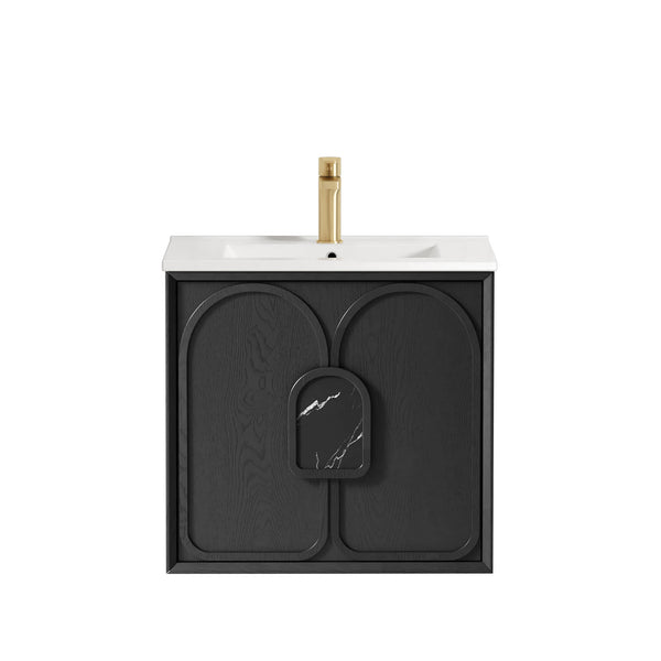 Laguna 600mm Black American Oak Wall Hung Vanity with Ceramic Top