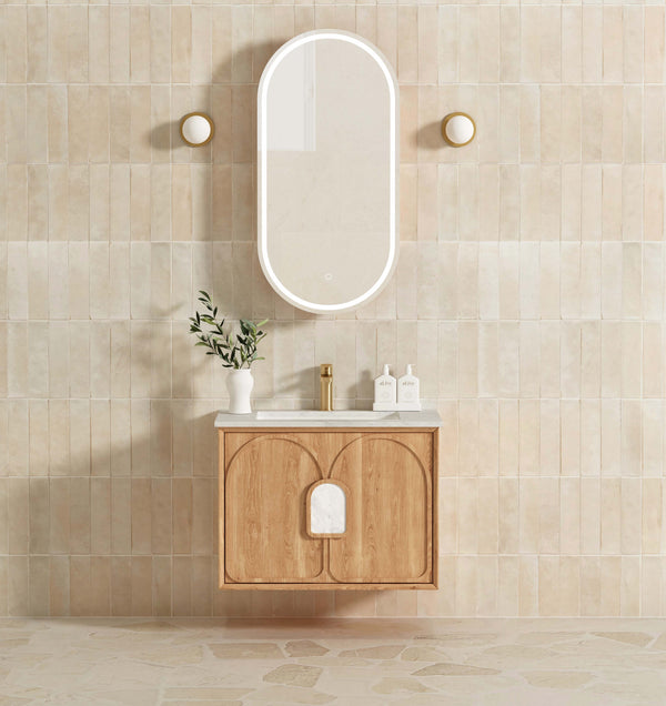 Laguna 750mm Natural American Oak Wall Hung Vanity with Undermount Natural Carrara Marble Top & Basin