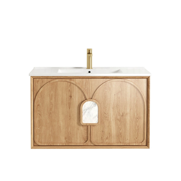 Laguna 900mm Natural American Oak Wall Hung Vanity with Ceramic Top