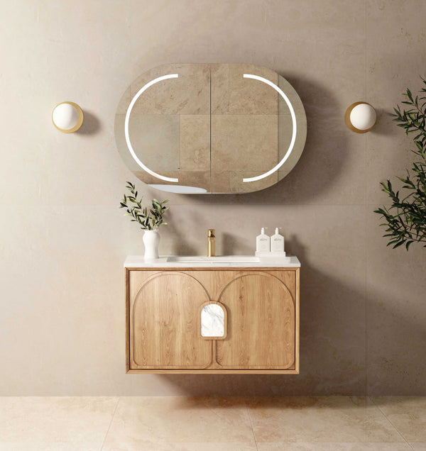 Laguna 900mm Natural American Oak Wall Hung Vanity with Undermount Natural Carrara Marble Top & Basin