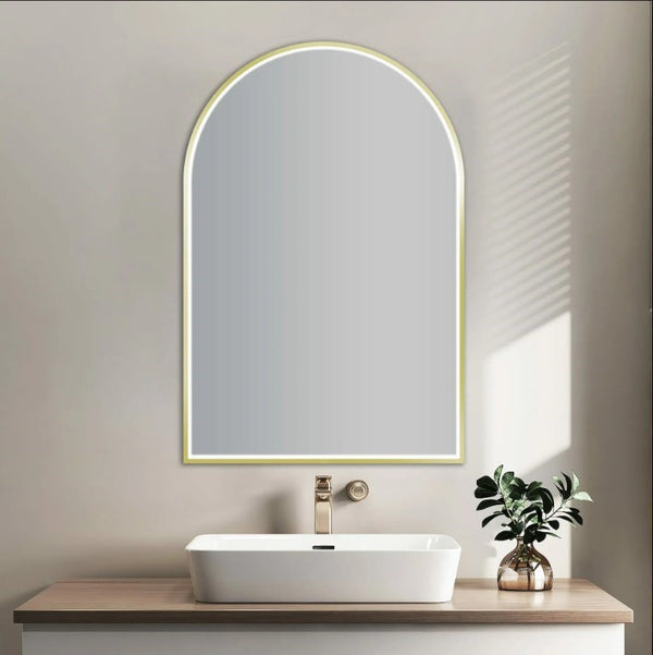 600*900mm Arch 3 Color Lighting Brushed Gold Aluminum Framed Front Hidden LED Mirror with Touch Sensor Switch