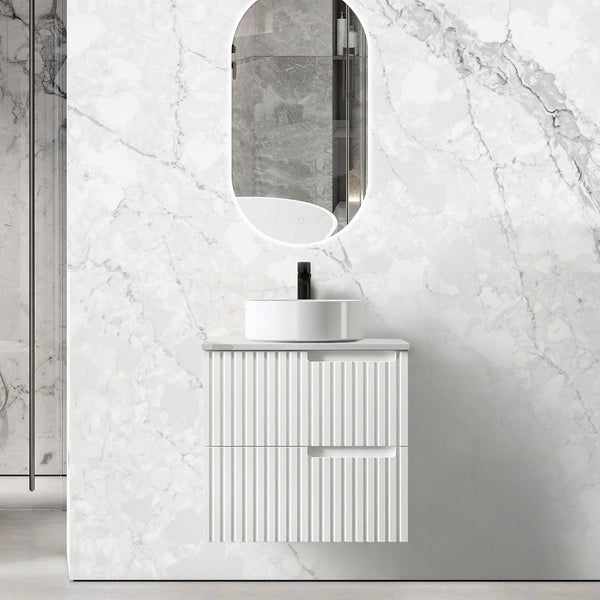 Noosa 600mm Satin White Wall Hung Vanity With Statuario Top 12TH