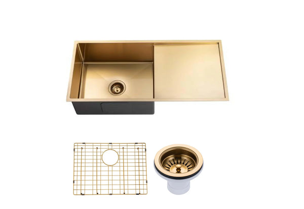 Round Corner Stainless Steel Brushed Brass PVD Coating Single Bowl with Drain Board Kitchen Sink(with Bottom Tray) 960*450*230mm