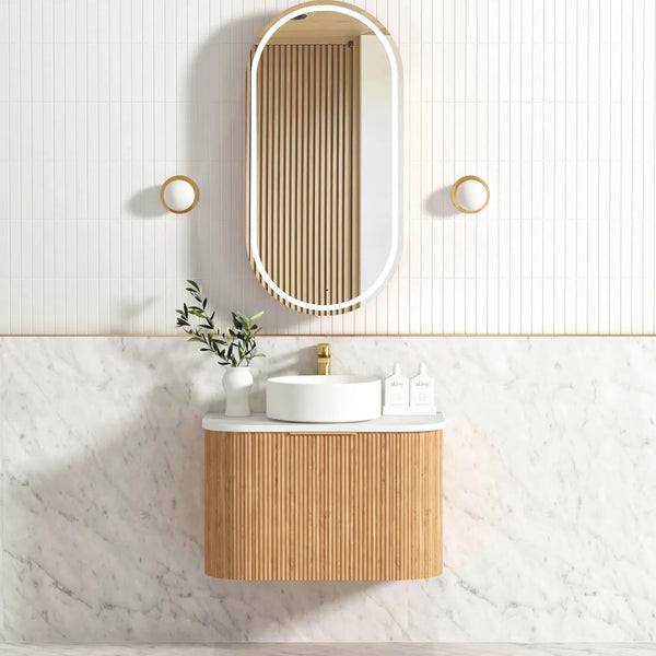 Bondi 750mm Woodland Oak Fluted Curve Vanity with Cloudy Carrara Top