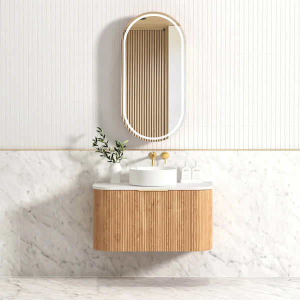 Bondi 900mm Woodland Oak Fluted Curve Vanity with Cloudy Carrara Top