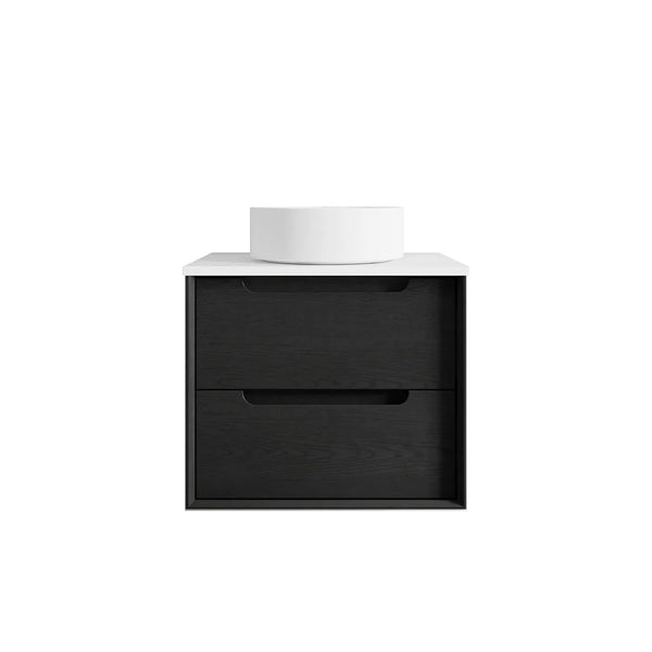 Byron 600mm Black Oak Wall Hung Vanity with Cloudy Carrara Top