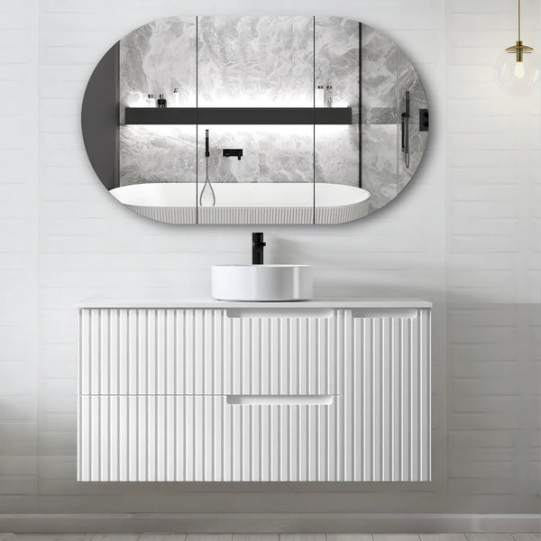 Noosa 1200mm Satin White Wall Hung Vanity With Undermount Natural Carrara Marble Top & Basin