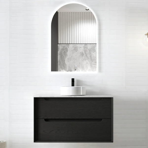 Byron 900mm Black Oak Wall Hung Vanity with Ceramic Top