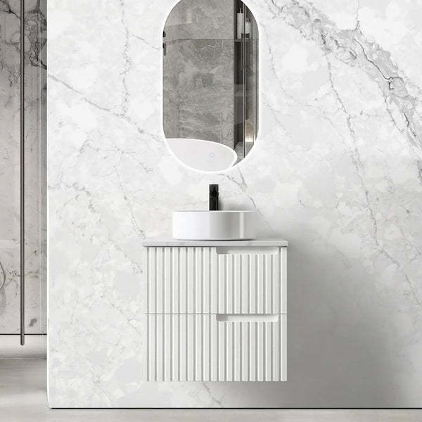 Noosa 600mm Satin White Wall Hung Vanity With Undermount Natural Carrara Marble Top & Basin