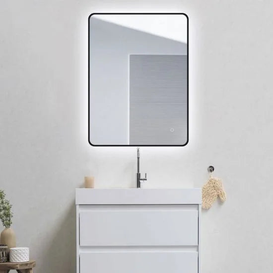 810*610mm Matte Black Aluminum Framed Curved Rim Rectangle 3 Color Lighting Backlit LED Mirror Touch Sensor Switch Wall Mounted Vertical or Horizontal