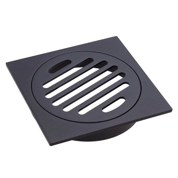 Square Floor Waste, Round Grate, 100mm Outlet, Matte Black