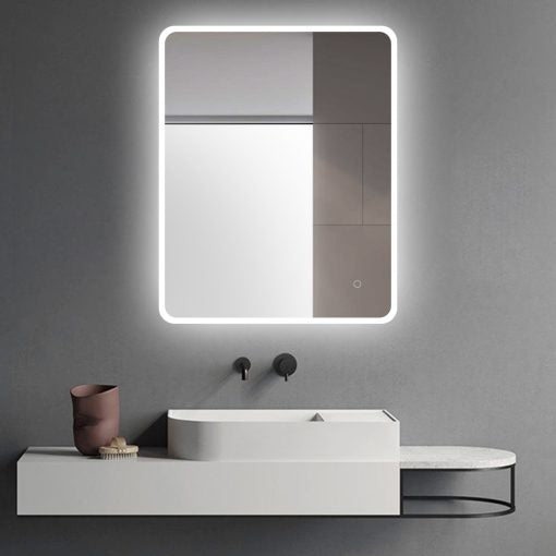 Curved Rim Rectangle 3 Color Lighting Acrylic LED Mirror Touch Sensor Switch Wall Mounted Vertical or Horizontal