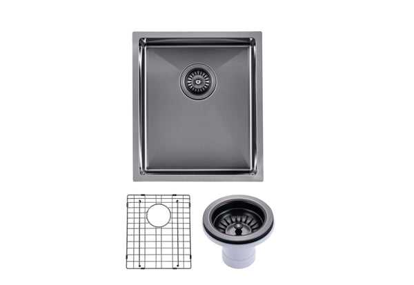 Round Corner Stainless Steel Brushed Brass PVD Coating Single Bowl Kitchen Sink(with Bottom Tray) 390*450*215mm