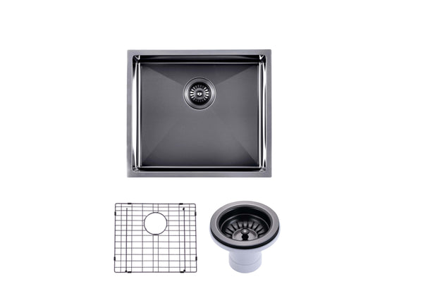 Round Corner Stainless Steel Brushed Brass PVD Coating Single Bowl Kitchen Sink(with Bottom Tray) 500*440*230mm