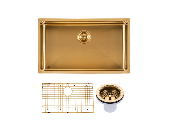 Round Corner Stainless Steel Brushed Brass PVD Coating Single Bowl Kitchen Sink(with Bottom Tray) 762*457*254mm