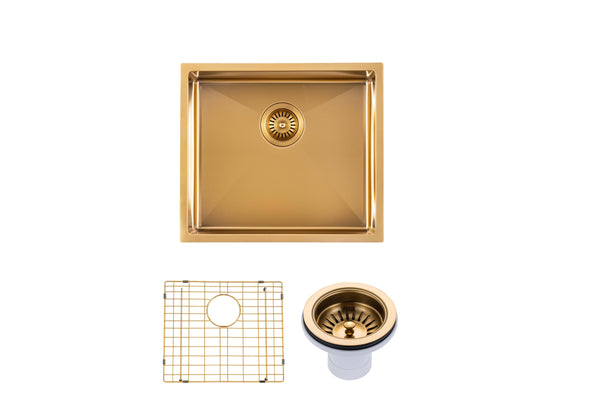 Round Corner Stainless Steel Brushed Brass PVD Coating Single Bowl Kitchen Sink(with Bottom Tray) 510*450*230mm