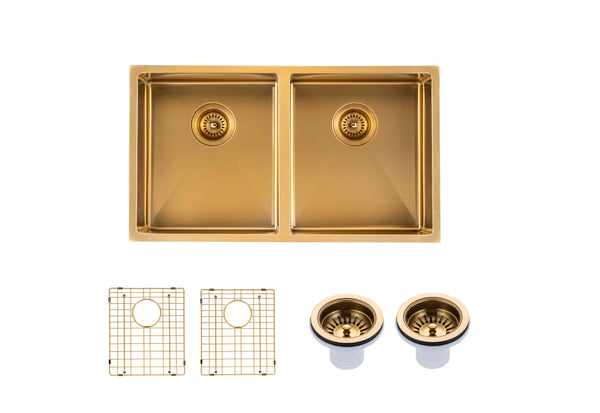 Round Corner Stainless Steel Brushed Brass PVD Coating Double Bowl Kitchen Sink(with Bottom Tray) 770*450*215mm