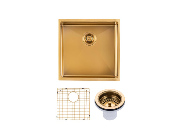 Round Corner Stainless Steel Brushed Brass PVD Coating Single Bowl Kitchen Sink(with Bottom Tray) 440*440*205mm